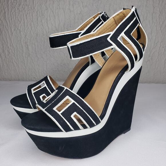 L.A.M.B. Shoes - L.A.M.B. Hi Wedges Platform Black White Size 7 by Gwen Stefani Ankle Strap Shoe